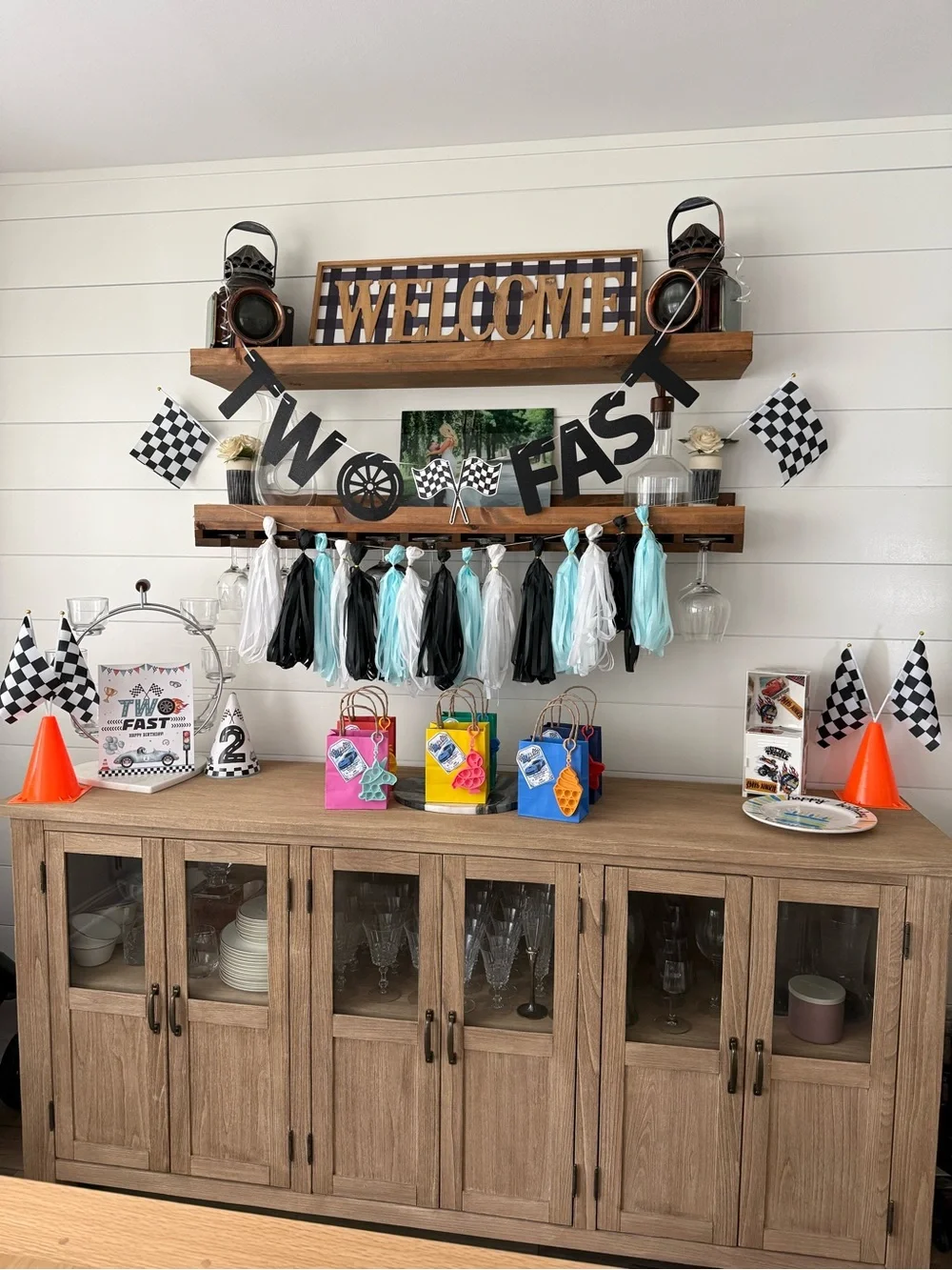 Race Car Birthday Party Decorations Kit in Black, White & Aqua